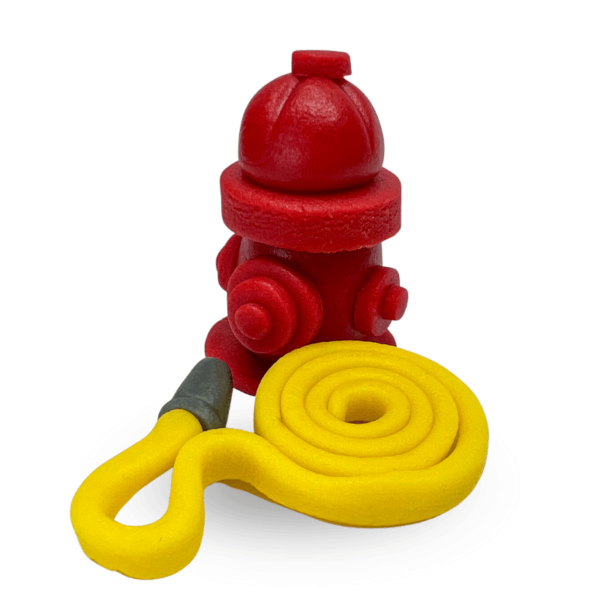 Marzipan fire hydrant with hose figure